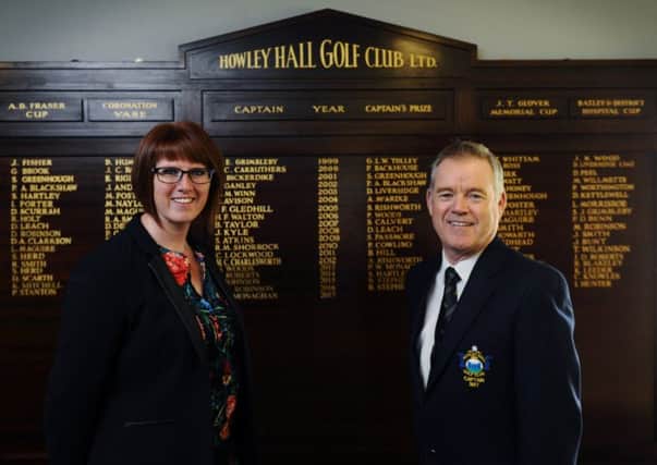Howley Hall Golf Club in Morley, Leeds, has elected it's first female director in the club's 117-year history, Rebecca O'Grady. Pictured with club captain Paul Monaghan.
13th April 2016.
Picture Jonathan Gawthorpe