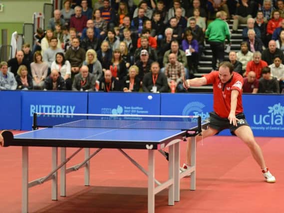 Paul Drinkhall in action during the European Championships play-off (Photo: Trevor Parsons)