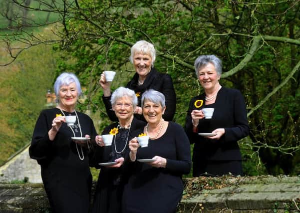 Calendar Girls  Lynda Logan , Beryl Bamforth, Trish Stewart,  Angela  Baker and Christine Clancy  outside  Burnsall Village Hall
