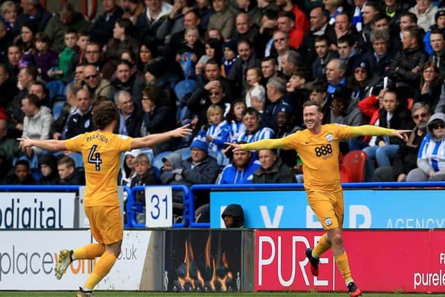 Preston North End's Aiden McGeady (right) celebrates scoring his side's first goal of the game with teammate Ben Pearson (Photo: PA)