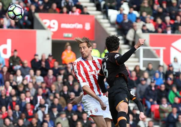 Stoke City's Peter Crouch scores his side's second goal of the game in the 3-1 win over Hull City (Picture: Barrington Coombs/PA Wire).