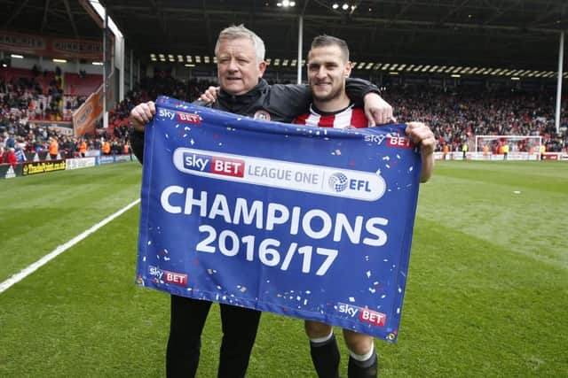 Chris Wilder manager of Sheffield Utd and Billy Sharp of Sheffield Utd celebrate (Picture: Simon Bellis/Sportimage)