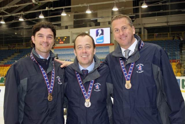 Former Steelers' favourite, Rob Wilson, right, pictured with fellow assistant coach Dave Matsos and head coach, Paul Thompson, while on duty with Team GB in the 2009 world championships in Poland. Picture:  Diane Davey/ddimaging.co.uk