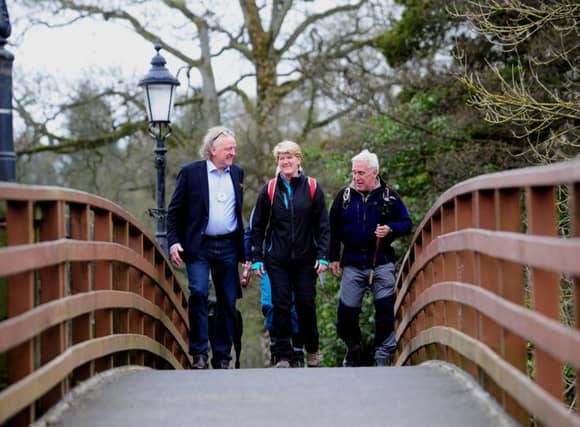 TV Preseneter Clare Balding pictured walking over the bridge at Pateley Bridge High Street..19th April 2017 ..Picture by Simon Hulme