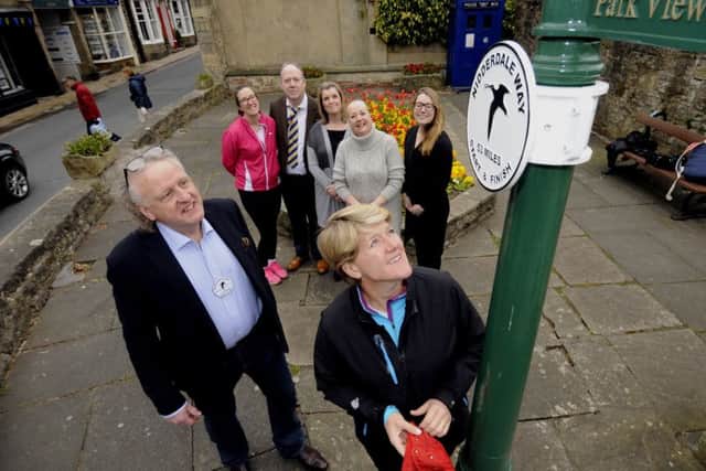 TV Preseneter Clare Balding unveils the Nidderdale Way Plaque, Pateley Bridge High Street..19th April 2017 ..Picture by Simon Hulme