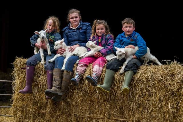 Date:10th April 2017.James Hardisty.Country Week....A family of farmers the 'Savile's', from Kilham, near Driffield, East Yorkshire have recently bought and running thier local village pub the Old Star at Kilham, as well running their families Ravenhill Farm, that has a large number of cattle and sheep.Pictured (left to rigth) Josie, 7, Molly, 11, Annie, 5, and Henry, 8, Savile, holding some of the new born lambs.