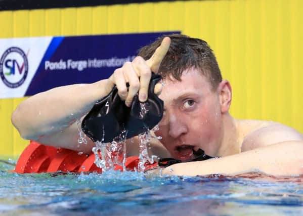 Max Litchfield celebrates winning the Men's Open 400m Individual Medley Final during day three of the 2017 British Swimming Championships at Ponds Forge, Sheffield.