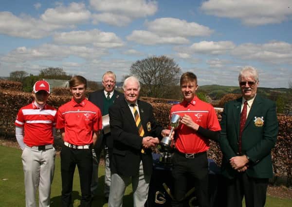 Winners Crow Nest, from left, Louie Walsh, Harry Mowl and James Edwards with Peter Thomson, HHDU vice president, who presented all the trophies. With them are Elland president Peter Gul and Roy Lofts, HHDU competition secretary.