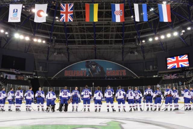 Great Britain's players stamnd listening to the national anthem at Belfast's SSE Arena. Picture: Dean Woolley.