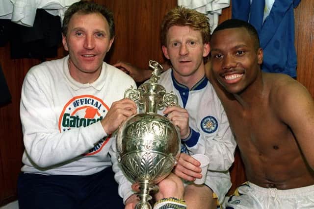 Howard Wilkinson celebrates with Rod Wallace and Gordon Strachan (Picture: VARLEY PICTURE AGENCY)