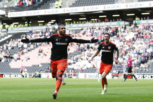 Sheffield United's Leon Clarke celebrates scoring the first goal against MK Dons. Picture: Simon Bellis/Sportimage
