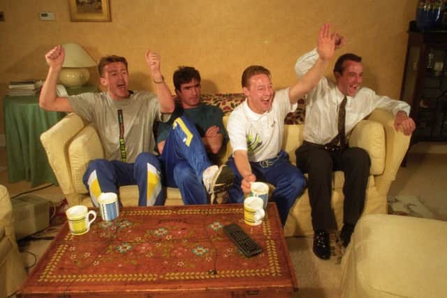 Armchair celebrations:Just hours after they had beaten Sheffield United, Eric Cantona, David Batty and Gary McAllister joined Lee Chapman on his sofa to celebrate the title triumph in front of the live ITV cameras.