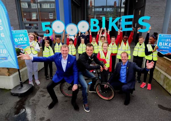 Handover of the 5000th bike to pupils at Richmond Primary School, Leeds..Last years Tour de Yorkshire winner Thomas Voeckler Pictured Sir Gary Verity and Christian Prudhomme and children from the school.27th April 2017 ..Picture by Simon Hulme