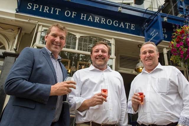 Olympic rower Matthew Pinsent and joint managing directors at Slingsby Gin Marcus Black and Mike Carthy. (Picture by Mike Leng)