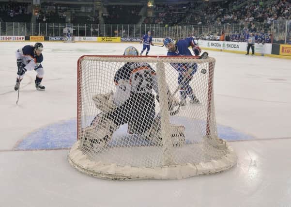 LEVEL PEGGING: Colin Shields fires home his second goal of the night in belfast. Picture: Dean Woolley.