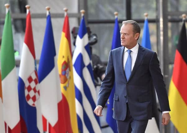 EU Council president Donald Tusk arriving for talks in Brussels.  Picture by AP Photo/Martin Meissner.