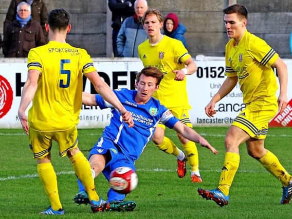 Farsley Celtic in action against Evo-Stik First Division North champions Lancaster City earlier this season
