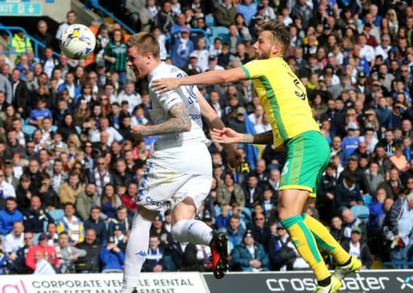 Leeds' Pontus Jansson heads at the Norwich goal (Picture: Varleys)