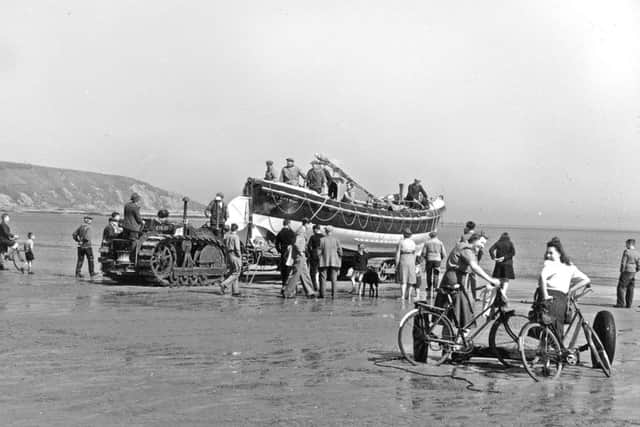 Filey lifeboat launching The Cuttle  20 April 1945