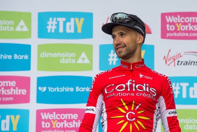 Finish of the Mens Race in Harrogate. Pictured (right) French cyclist Nacer Bouhanni, celebrating winning the Mens Stage 2 of the Tour de Yorkshire in Harrogate.