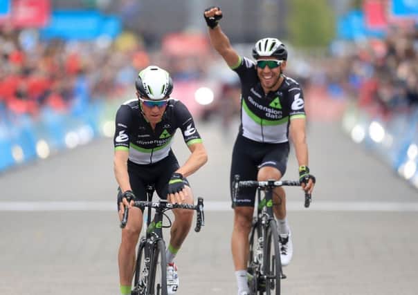 Team Dimension Data's Serge Pauwels (left) wins Stage Three of the Tour de Yorkshire as team-mate Omar Fraile (right) finishes second.