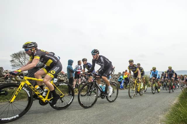 Competitors on the hills above Burnsall in the Yorkshire Dales National Park during Stage Three of the Tour de Yorkshire.