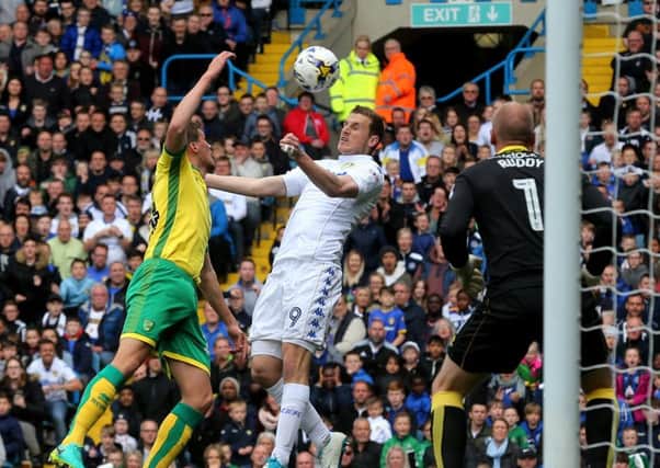 Leeds' Chris Wood trying to control the ball against Norwich (Picture: Varleys)
