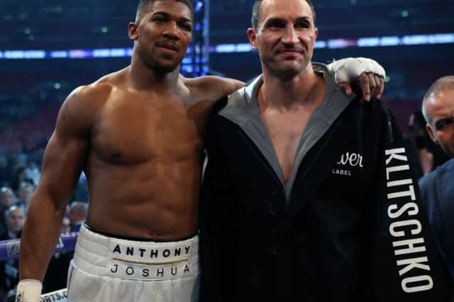 Anthony Joshua post fight with Wladimir Klitschko following the IBF, WBA and IBO Heavyweight World Title bout at Wembley Stadium, London. (Picture: Nick Potts/PA Wire)