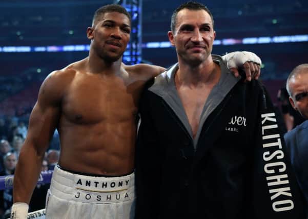 Anthony Joshua post fight with Wladimir Klitschko following the IBF, WBA and IBO Heavyweight World Title bout at Wembley Stadium, London. (Picture: Nick Potts/PA Wire)