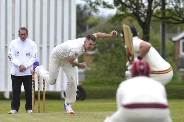 Morley's Nathan Bromby attempts to take a Methley wicket in the weekend's heavy 10-wicket defeat. Picture: Steve Riding.