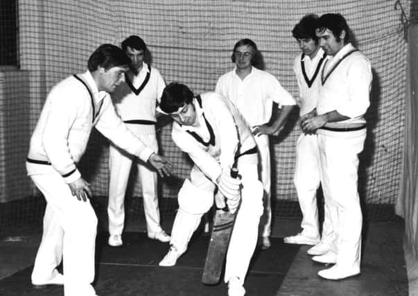 1973: Doug Padgett (left) pays close attention to Mike Bore's forward defensive technique, with (from left) Colin Johnson, Peter Squires, Richard Lumb and Barrie Leadbeater.