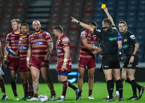 Huddersfield's Danny Brough is sent to the sin-bin by referee Ben Thaler.