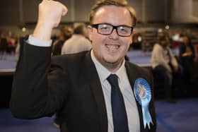 Scottish Conservative Candidate Thomas Kerr is announced as winning the former Labour stronghold seat of Shettleston, Glasgow, as the results of the local elections are announced at the Emirates Stadium in Glasgow.