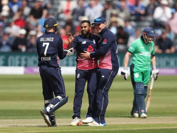 Adil Rashid celebrates a wicket on his way to figures of 5-27