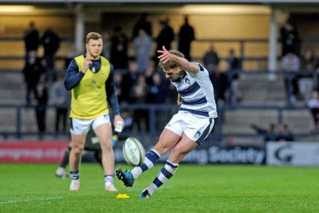 Joe Ford kicks a penalty for Yorkshire Carnegie Picture: Steve Riding.