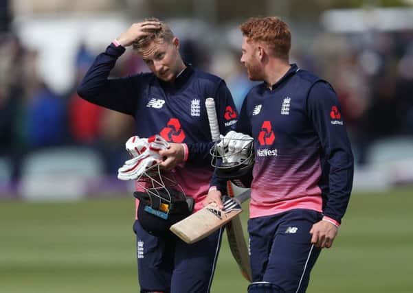 England's Jonny Bairstow, right, and Joe Root talk after victory during the first Royal London One Day International at The Brightside Ground, Bristol (Picture: David Davies/PA Wire).