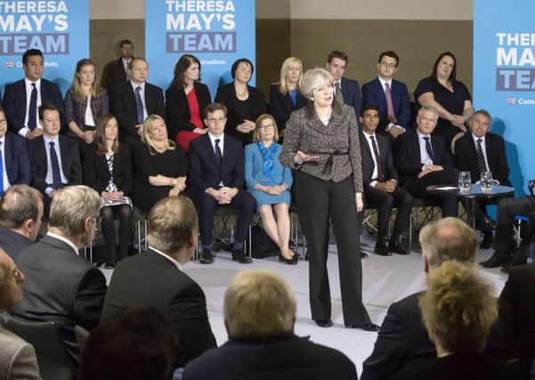 Theresa May, pictured addressing the Tory party's election candidates during a visit to York Barbican.