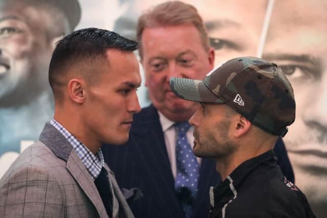 SEE YOU SATURDAY: Josh Warrington and Kiko Martinez square up to each other at yesterdays media call. Picture: Ricardo Guglielminotti.