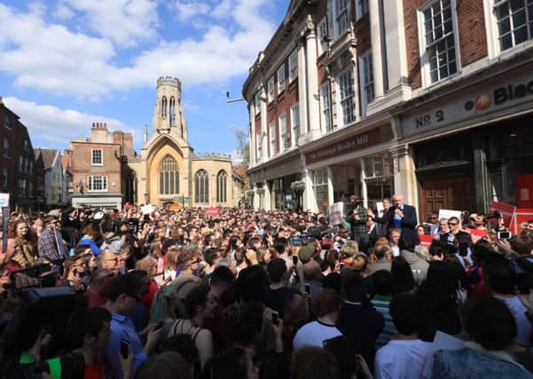 Labour leader Jeremy Corbyn makes a campaign speech in front of a large crowd in St Helen's Square, York.