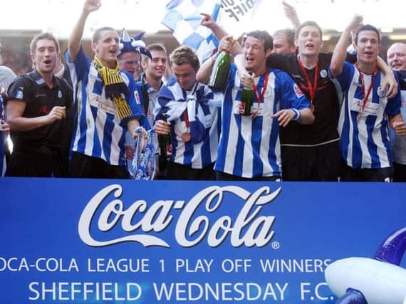 Sheffield Wednesday players celebrate winning the League One play-offs in 2005 (Photo: PA)