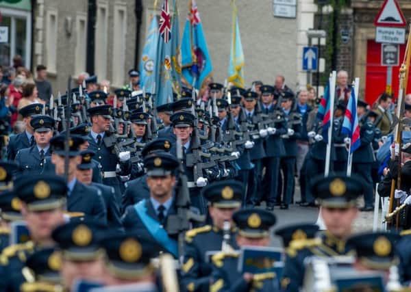 RAF Personnel from 2 Force Protection Wing, incorporating 34 Sqn RAF Regiment based at RAF Leeming, parade through Richmond, North Yorkshire, as they exercise their freedom of the town to mark the Corps' 75th Anniversary. Picture James Hardisty.