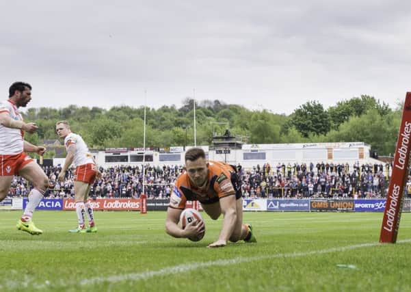 Castleford's Greg Eden about to cross the line to score another try against St Helens. Picture: Allan McKenzie/SWpix.com