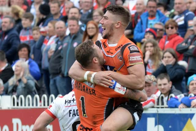 Greg Minikin celebrates scoring Tigers 6th try with Zak Hardaker.
Castleford v St Helens.  Labrokes Challenge Cup.  Mend-a-Hose Jungle. 12 May 2017.  Picture Bruce Rollinson