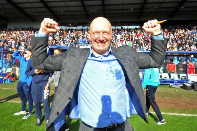 TOP MAN: FC Halifax Town manager Billy Heath celebrates promotion after winning 2-1 in extra-time. Picture: Tony Johnson.