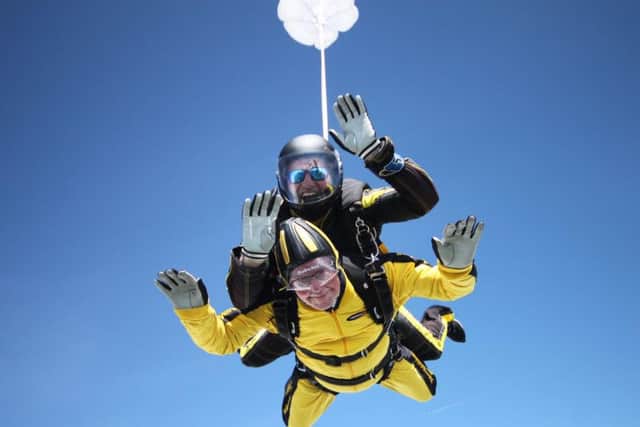 Bryson William Verdun Hayes during his tandem skydive, as he became the oldest person in the world to jump 15,000ft from an aeroplane, at the age of 101 and 38 days. Photo: Skydive Buzz/PA