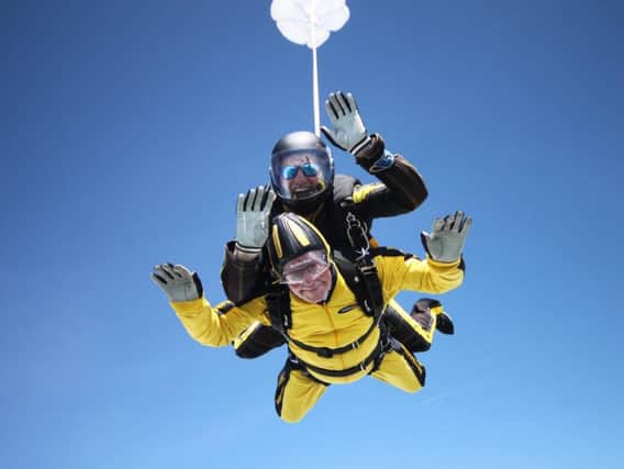 Bryson William Verdun Hayes during his tandem skydive, as he became the oldest person in the world to jump 15,000ft from an aeroplane, at the age of 101 and 38 days. Photo: Skydive Buzz/PA
