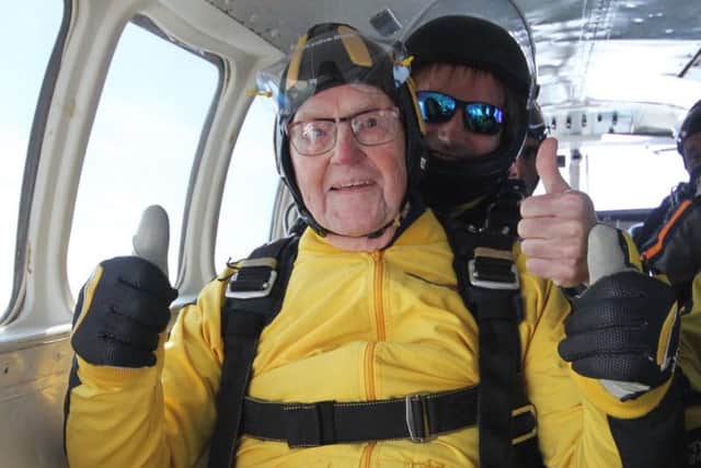 Bryson William Verdun Hayes ahead of his tandem skydive, as he became the oldest person in the world to jump 15,000ft from an aeroplane, at the age of 101 and 38 days. Photo: Skydive Buzz/PA