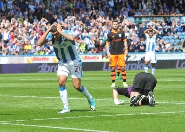 14 May 2017.......    Huddersfield Town's Nahki Wells rues his chance saved by Sheffield Wednesday goal keeper Keiren Westwood. Picture: Tony Johnson.