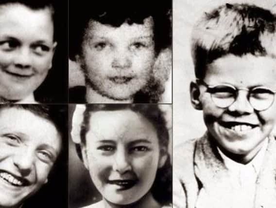 Remember the victims. John Kilbride (top left), Lesley A. Downey (top middle), Edward Evans (bottom left), Pauline Reade (bottom middle) and Keith Bennett (right).