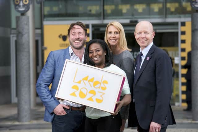 16 May 2017. Leeds 2023 photo call at The Royal Armouries. From the left, Adam Beaumont from sponsor AQL, Chair of Leeds 2023 Sharon Watson, with Prew Lumley and John Alderton from sponsors Squire Patton Boggs.